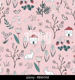 Cute spring vector seamless pattern with cartoon doodle flowers, blooming trees, hares, birds and houses Stock Vector