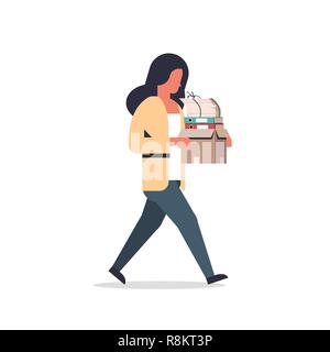 busy businesswoman carrying paper box stack of documents overloaded business woman office worker going female cartoon character full length flat isolated Stock Vector