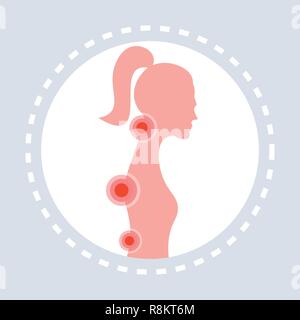 back and neck injury feeling joint pain spine osteoporosis scoliosis spinal cord problems painful area highlighted in red healthcare symbol flat Stock Vector