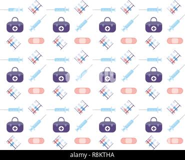 patch lab holder test tube first aid kit injection syringe icon healthcare medical service logo medicine and health symbol concept seamless pattern flat Stock Vector