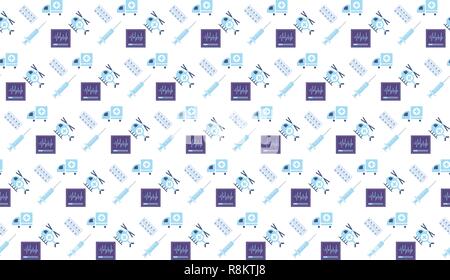 pills injection syringe heart beat cardiogram ambulance emergency helicopter icon healthcare medical service logo medicine symbol concept seamless pattern flat Stock Vector