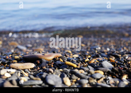 Pebbles on the shore in focus and in the background the surf and waves. Sea surf and waves visible behind sea pebbles. Far East of Russia, Vladivostok Stock Photo