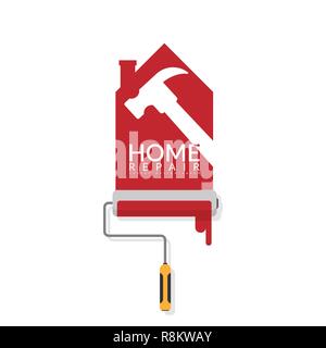 vector illustrator design of paint roller painting red color on white wall in shape of house logo with white shadow of hammer with text home repair. h Stock Vector