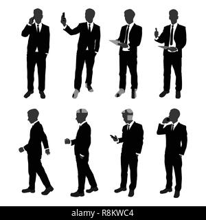 vector set of stand businessman silhouette. businessman with different action such as using mobile phone , walking , working with document file Stock Vector