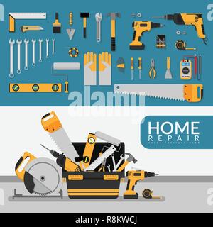 home repair service template with set of DIY home repair working tools. home repair service consulting, renovation & construction company on white bac Stock Vector