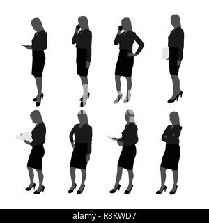 vector set of stand businesswoman silhouette. businesswoman with different action such as using mobile phone , posing , working with document file Stock Vector