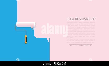 vector of paint roller painting pink color on blue empty wall house. creative home repair and painting concept, logo design poster template with copy  Stock Vector
