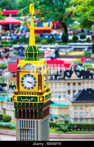 Denmark, Jutland, Billund, Legoland® Billund is the first Legoland Park established in 1968, near the headquarters of the Lego® company (the term Lego is derived from the Danish Leg godt meaning plays well), it is consisting of the following spaces: here the clock of the Makkah Royal Clock Tower Hotel in Miniland - true animated miniature world, but also Legoredo Town, Imagination Zone, Knights' Kingdom, DUPLO Land, Pirate Land, LEGO City, Dino Island, Fun Town, Adventure Land, LEGO X-Treme, Traffic, Kingdom of the Pharaohs, Land of The Vikings, Stock Photo