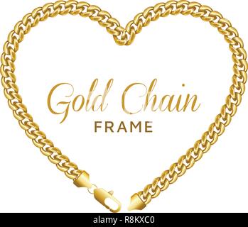 Gold chain heart love border frame. Wreath shape with a lobster lock. Stock Vector