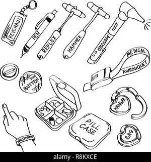 Set of hand drawn medical supplies doodles isolated on a white background. Stock Vector