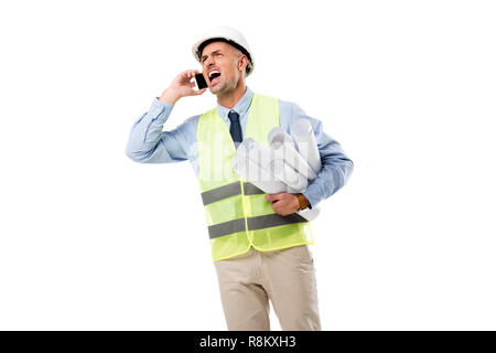 angry engineer holding blueprints, talking on smartphone and yelling isolated on white Stock Photo