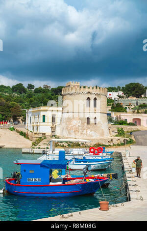 Italy, Apulia, Salento region, Morciano di Leuca, Torre Vado, the harbour and the tower built in the 16th century by Charles V Stock Photo