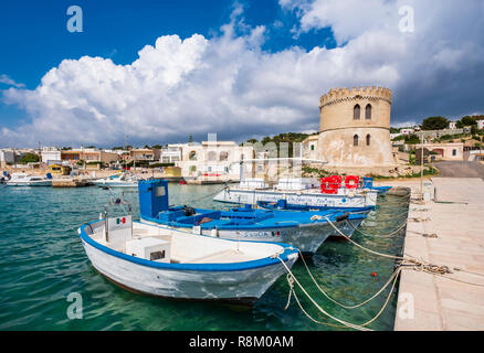 Italy, Apulia, Salento region, Morciano di Leuca, Torre Vado, the harbour and the tower built in the 16th century by Charles V Stock Photo