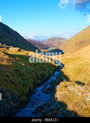 An elevated view of the Kirkstone Pass in the English Lake District with Brothers Water in the distance. Stock Photo