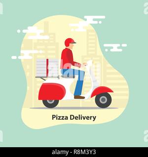Pizza delivery concept. Delivery scooter motorcycle with pizza boxes on city background. Vector illustration. Stock Vector