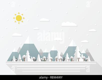 Abstract of Christmas white snow falls, presenting paper cut in wide forest background. illustration vector eps10 Stock Vector