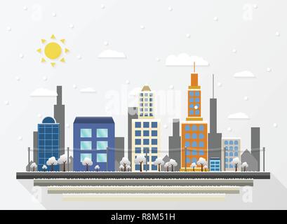 Abstract background of city view in Christmas festival time of snow fall from the sky. Illustration vector eps10 Stock Vector