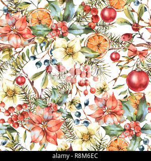 Watercolor Vintage Floral seamless pattern, New Year Decoration with Poinsettia, Pine Branches, Holly, Christmas balls, Berries, Flowers. Botanical Na Stock Photo