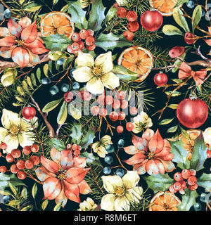Watercolor Vintage Floral seamless pattern, New Year Decoration with Poinsettia, Pine Branches, Holly, Christmas balls, Berries, White Flowers. Botani Stock Photo