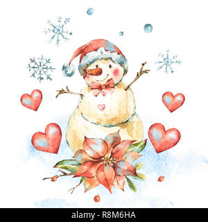 Winter Watercolor Christmas greeting card with cute sowman, poinsettia and red hearts. Natural Hand Painted Illustration isolated on White Background, Stock Photo