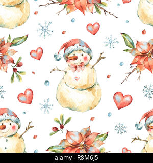 Winter Watercolor Christmas seamless pattern with cute sowman, poinsettia and red hearts. Natural Hand Painted Illustration, holidays collection Stock Photo