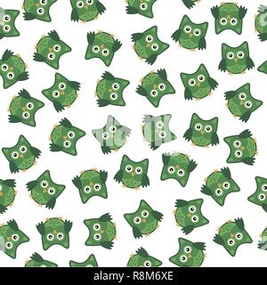 Owl stylized art seemless pattern green white colors Stock Vector