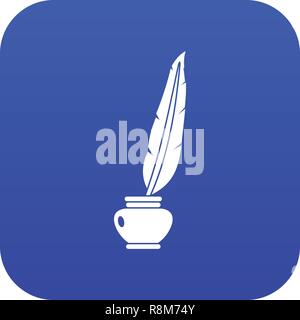 Feather quill pen standing in bottle of ink icon digital blue Stock Vector