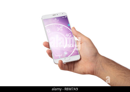 5G High speed network connection. Hand holding a smartphone isolated on white background. 5G internet speed on the screen Stock Photo