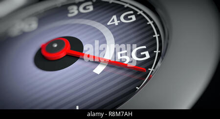 5G High speed network internet connection. Reaching 5g, speedometer indicator, internet speed test, closeup view. 3d illustration Stock Photo