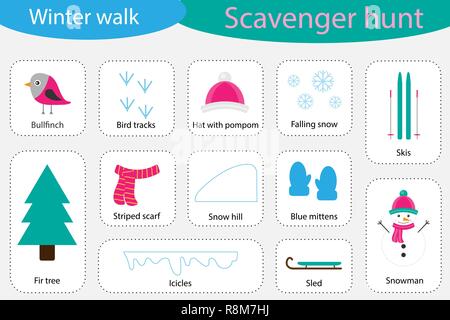 Scavenger hunt, winter walk, different colorful pictures for children, fun education search game for kids, development for toddlers, preschool activity, set of icons, vector illustration Stock Vector