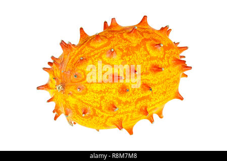 Kiwano, whole fruit on orange background. Horned melon, also African horned cucumber, jelly melon, hedged gourd or melano. Ripe fruit. Stock Photo
