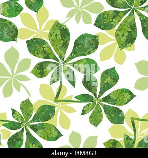 Seamless Background, Chestnut Green Leaves with Pattern of Leaves and Silhouettes. Vector Stock Vector
