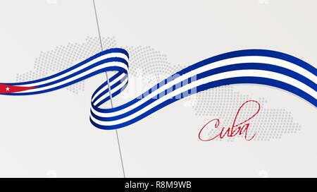 Vector illustration of abstract radial dotted halftone map of Cuba and wavy ribbon with Cuban national flag colors for your graphic and web design Stock Vector