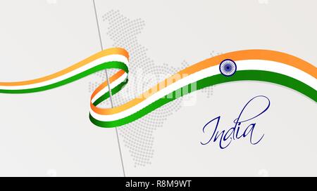 Vector illustration of abstract radial dotted halftone map of India and wavy ribbon with Indian national flag colors for your graphic and web design Stock Vector