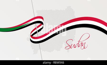 Vector illustration of abstract radial dotted halftone map of Sudan and wavy ribbon with Sudanese national flag colors for your graphic and web design Stock Vector