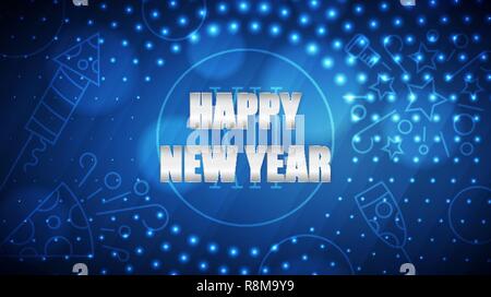 Happy New Year abstract background. Vector illustration of blue light holiday background with different icons and glowing dots round pattern Stock Vector