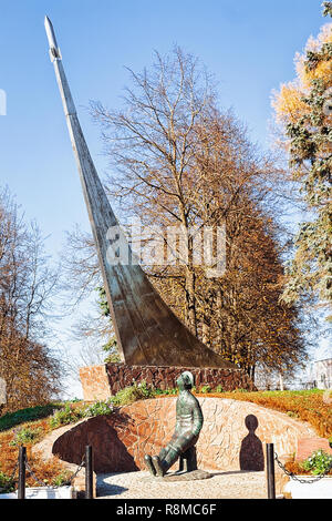 Borovsk, Russia - October 18, 2009: Tsiolkovsky monument in Borovsk town in autumn in Russia. Stock Photo