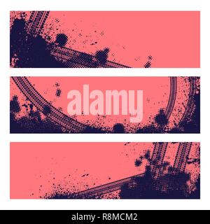 Set of three coral color tire track banners with halftone pattern Stock Vector