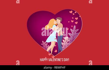 Valentines day card with couple hugging in love heart on red background. Vector paper art illustration. Paper cut and craft style. Stock Vector