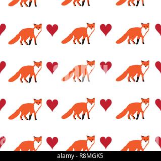 vector illustration of fox and hearts seamless background. Stock Vector