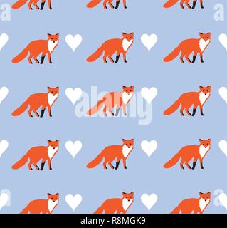 vector illustration of fox and hearts seamless background. Stock Vector