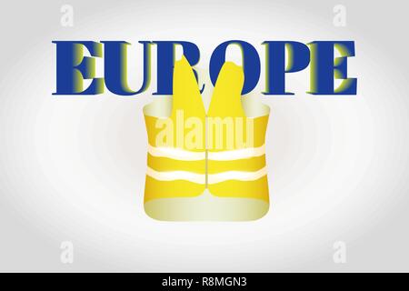The yellow vest with glistening stripes hangs on the letters Europe on a gray gradient background. Vector illustration. Stock Vector