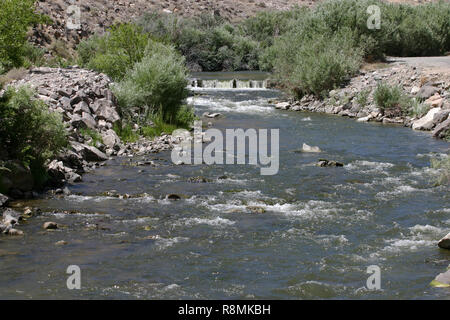 A river runs through a rocky, barren, desert landscape surrounded by thriving plant life in the western USA Stock Photo
