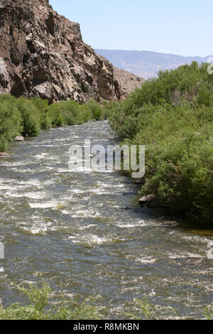 A river runs through a rocky, barren, desert landscape surrounded by thriving plant life in the western USA Stock Photo