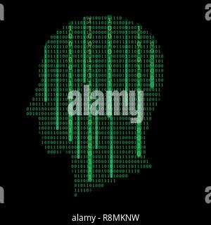 Human head silhouette, filled with binary code, zeros and ones. Vector illustration - artificial intelligence, sci-fi or data science concept. Technol Stock Vector
