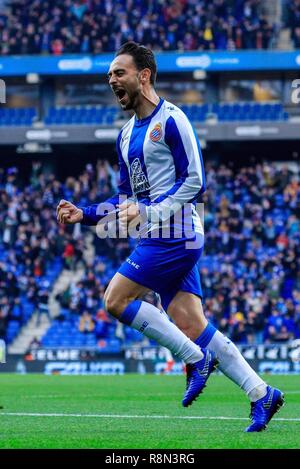 Barcelona, Spain. 16th Dec, 2018. RCD Espanyol's Sergio Garcia celebrates his score during a Spanish league match between RCD Espanyol and Real Betis in Barcelona, Spain, on Dec. 16, 2018. Real Betis won 3-1. Credit: Joan Gosa/Xinhua/Alamy Live News Stock Photo