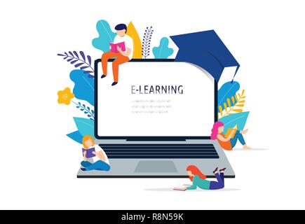 E-learning concept illustration. Big laptop with a square academic cap Stock Vector