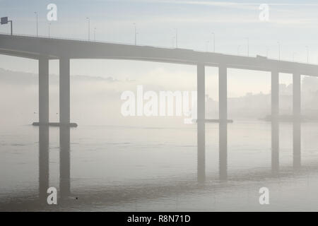 Beautiful Douro river and one of his bridges, Ponte do Freixo, in the morning mist, north of Portugal Stock Photo