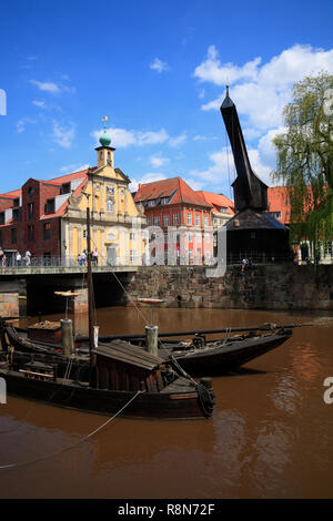 the old harbour quarter at river Ilmenau, Stintmarkt, Lueneburg, Lüneburg, Lower Saxony, Germany, Europe Stock Photo