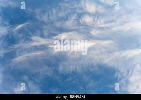A sky filled with cirrus clouds. Cirrus is a genus of atmospheric cloud characterized by thin, wispy strands. Stock Photo